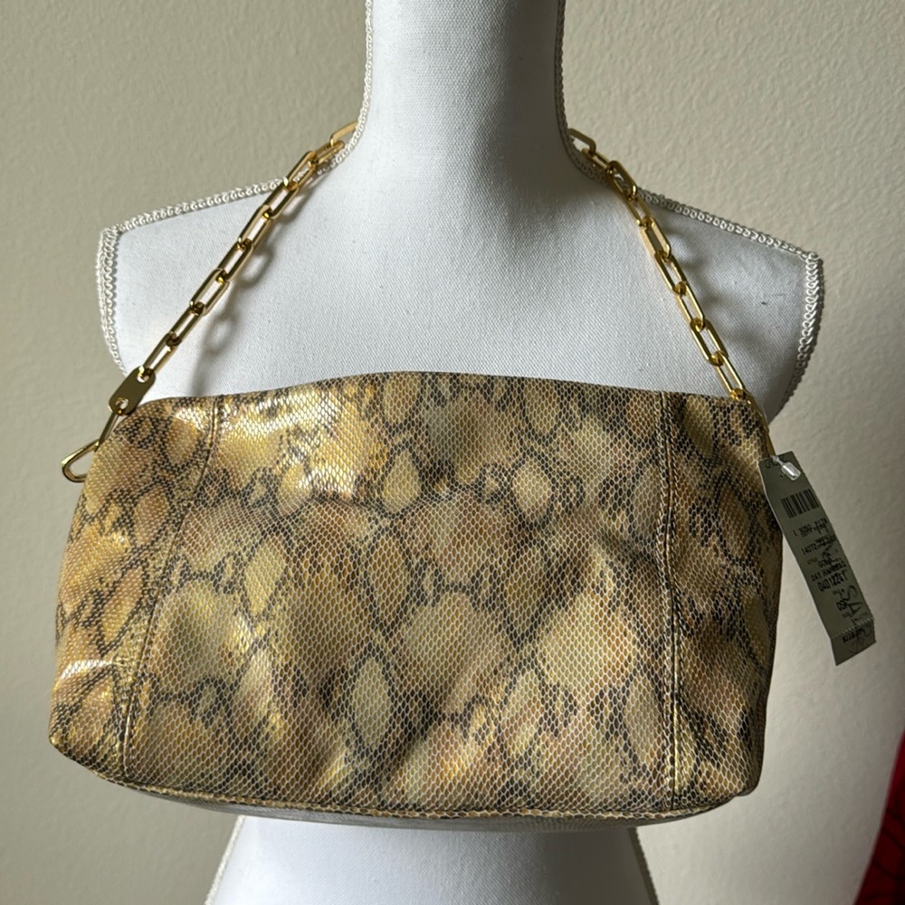 Cache Snake-Print Shoulder Bag in Beige Brown with Gold Chain